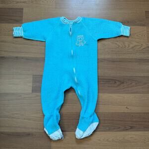 Baby Infant Toddlers Vintage 70's JcPenney Blue Fleece Owl Footed Pajamas Sz 12M